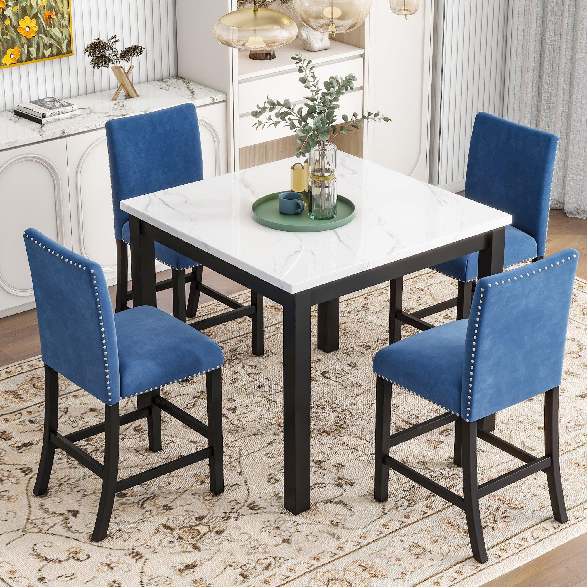 🆓🚛 5-Piece Counter Height Dining Table Set, 1 Faux Marble Top Dining Table & 4 Velvet-Upholstered Chairs, Blue