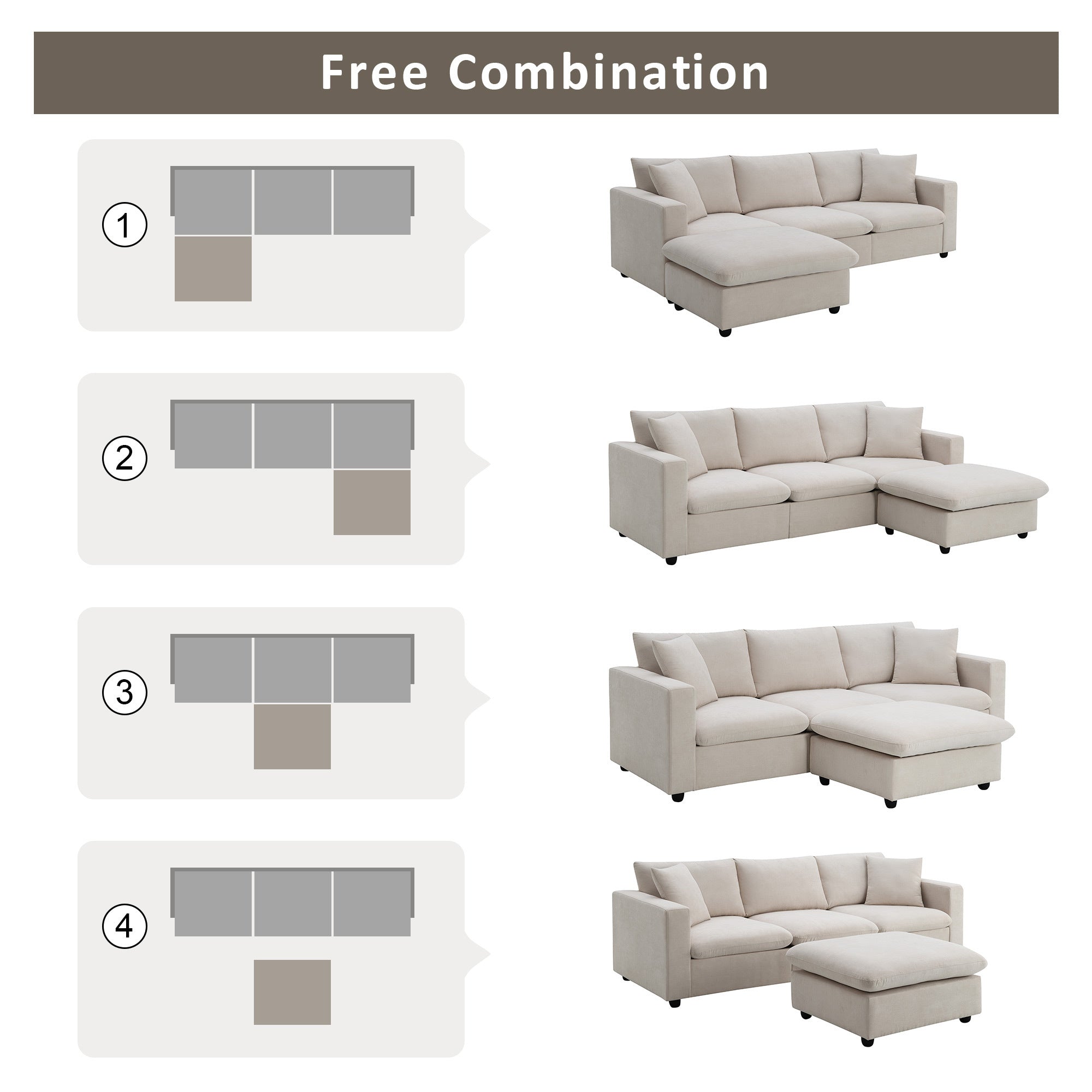 🆓🚛 100.4" Modern Sectional Sofa, L-Shaped Couch Set With 2 Free Pillows, 4-Seat Polyester Fabric Couch Set With Convertible Ottoman for Living Room, Apartment, Office, Beige