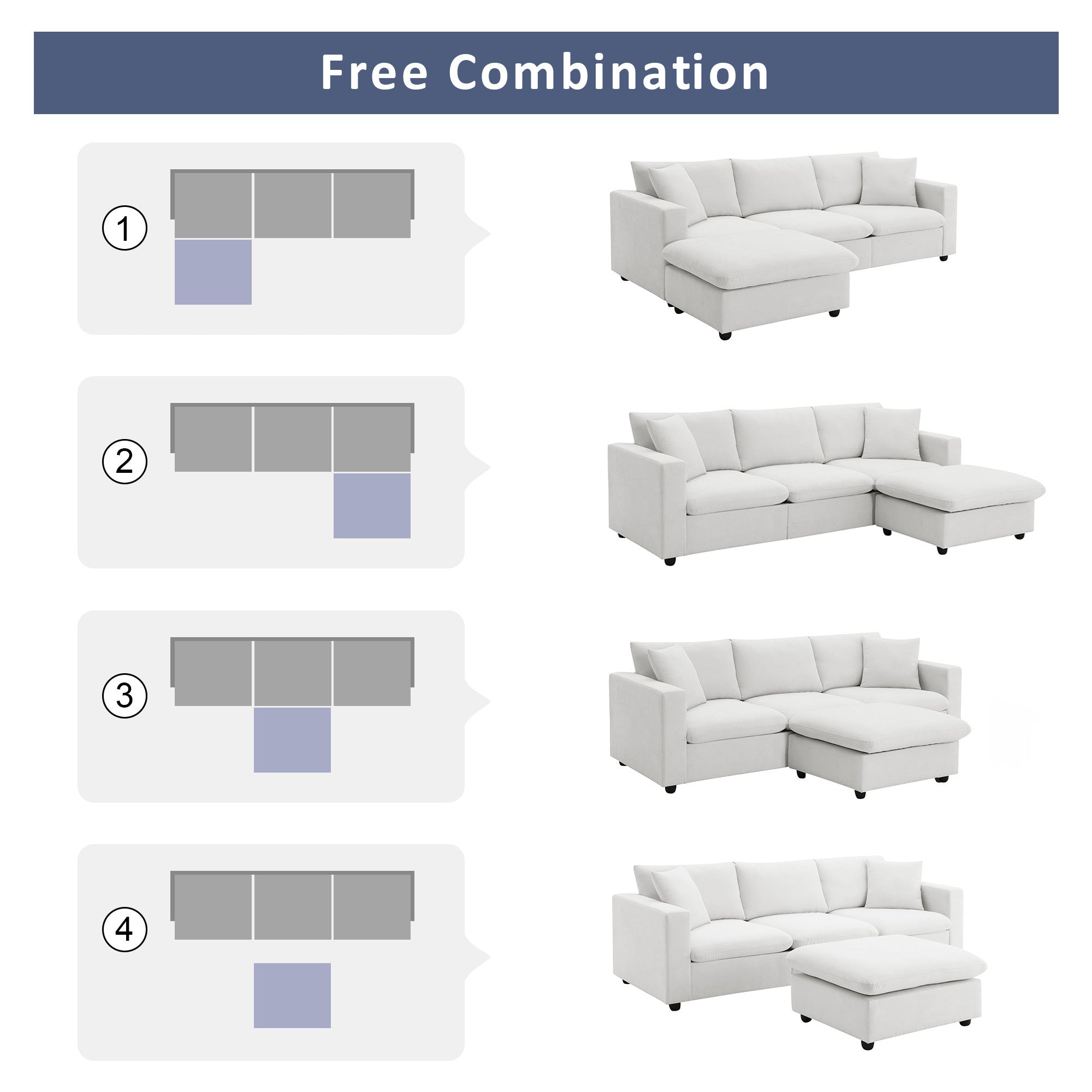 🆓🚛 100.4" Modern Sectional Sofa, L-Shaped Couch Set With 2 Free Pillows, 4-Seat Polyester Fabric Couch Set With Convertible Ottoman for Living Room, Apartment, Office, White