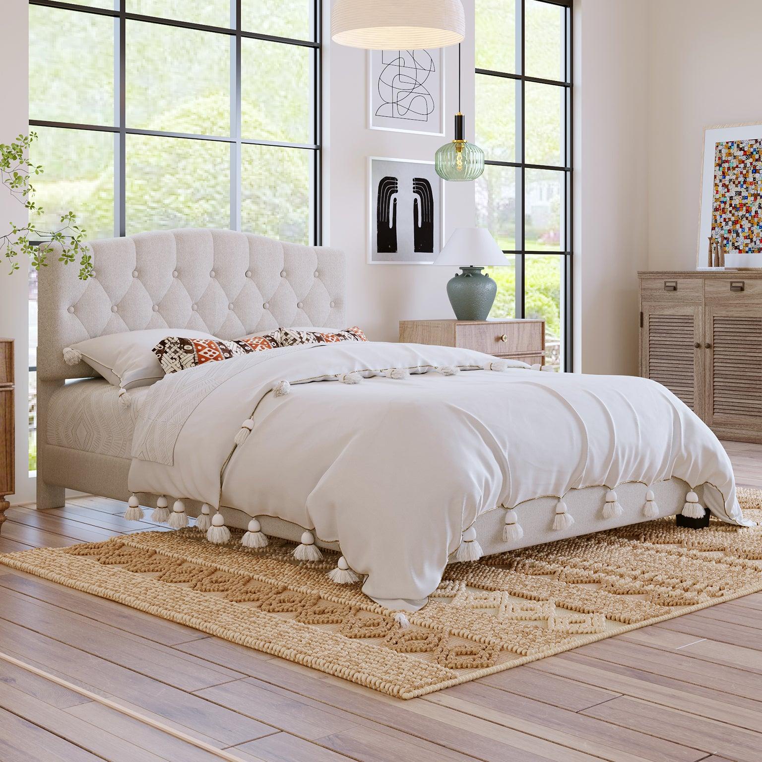 🆓🚛 Upholstered Platform Bed With Saddle Curved Headboard and Diamond Tufted Details, Queen, Beige