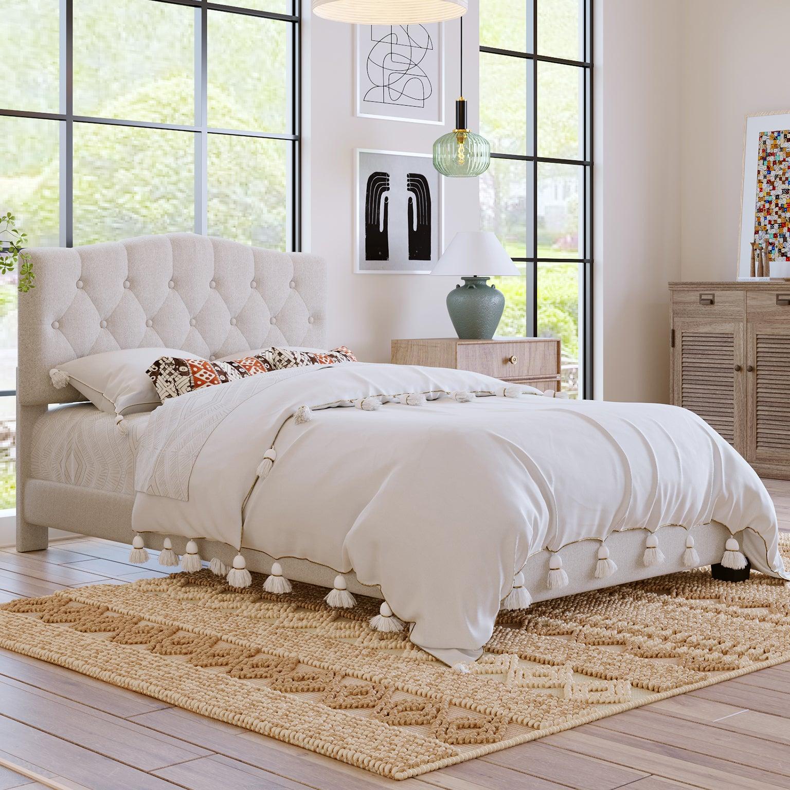 🆓🚛 Upholstered Platform Bed With Saddle Curved Headboard and Diamond Tufted Details, Full, Beige