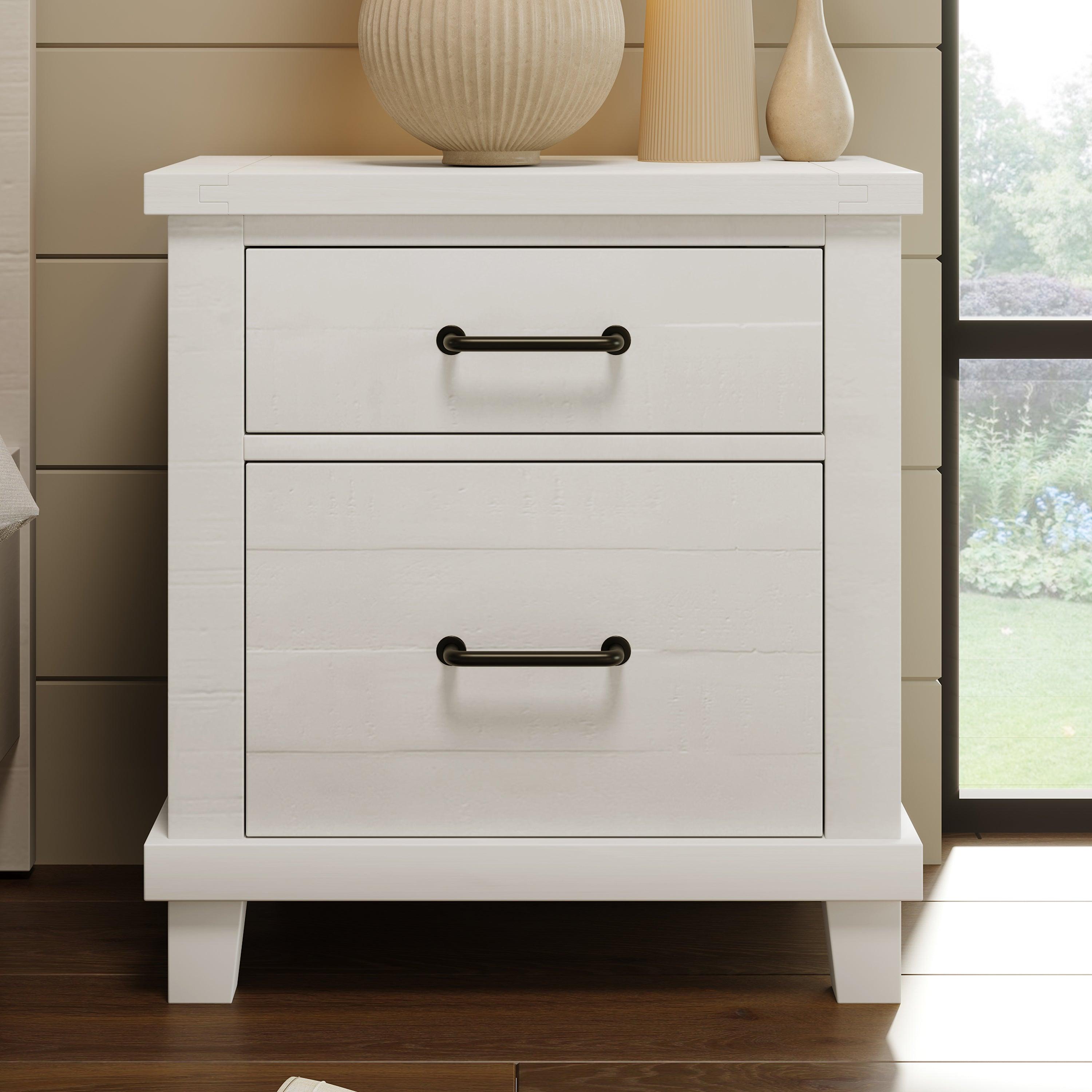 🆓🚛 Rustic Farmhouse Style Solid Pine Wood Whitewash Two-Drawer Nightstand for Bedroom, Living Room, White