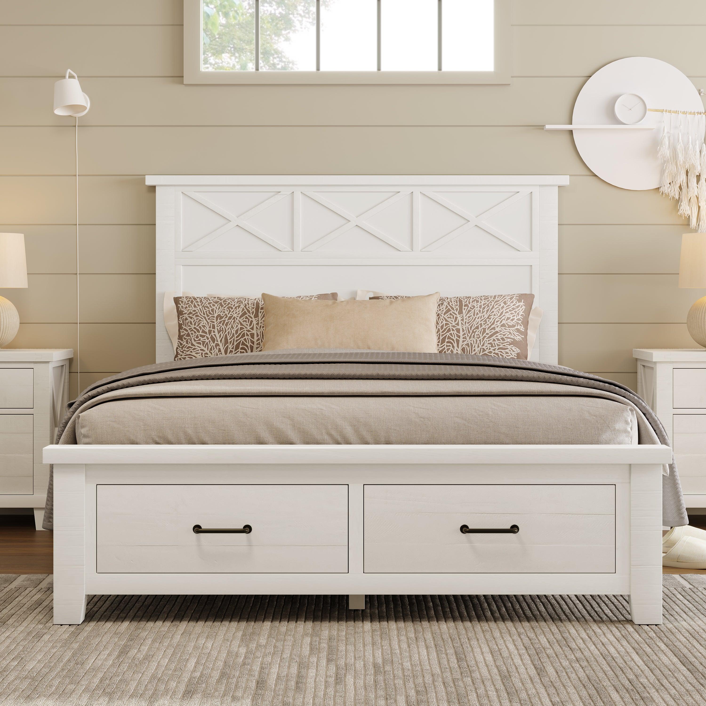 🆓🚛 Rustic Farmhouse Style Whitewash Queen Storage Panel Bed With Two Drawers, White