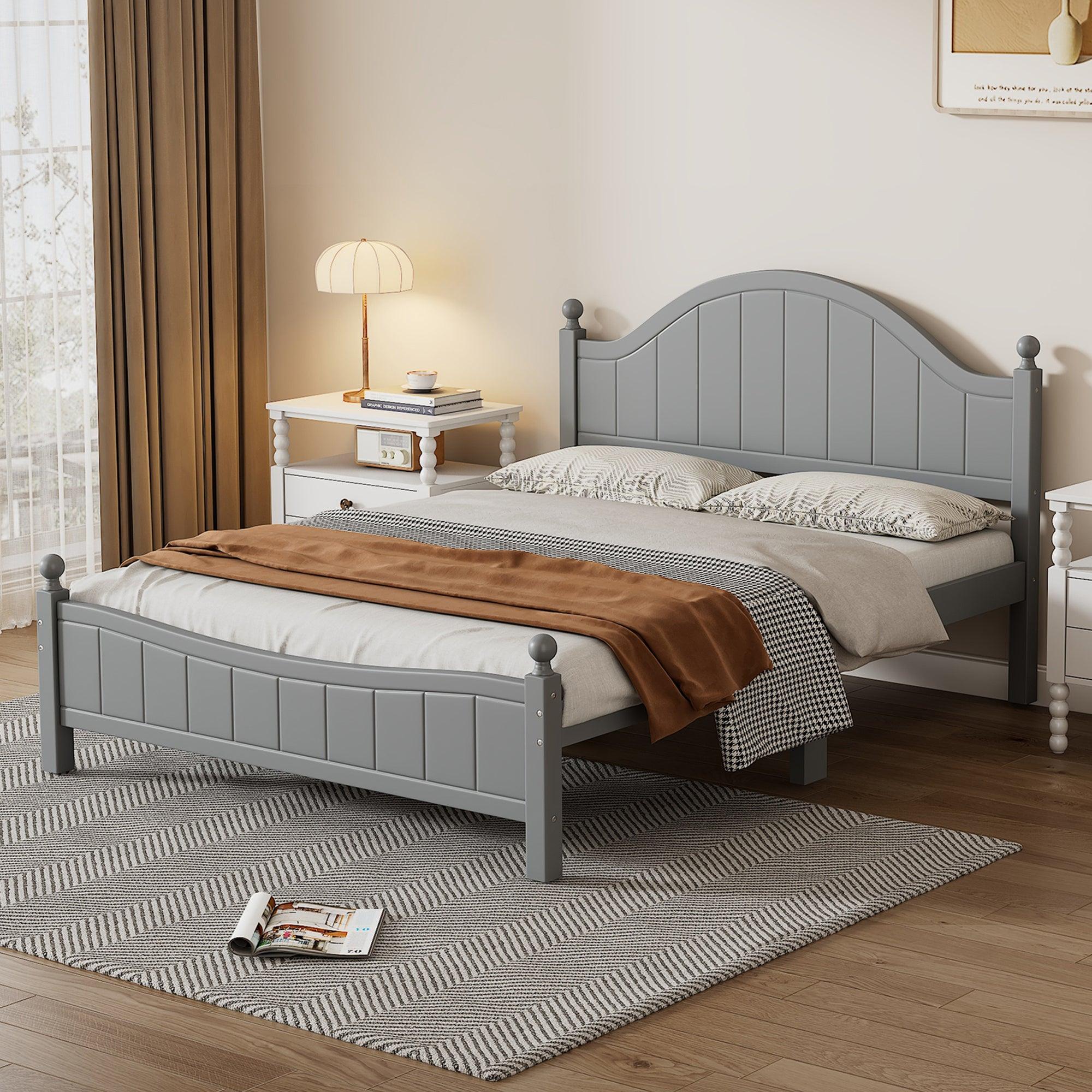🆓🚛 Traditional Concise Style Gray Solid Wood Platform Bed, No Need Box Spring, Queen