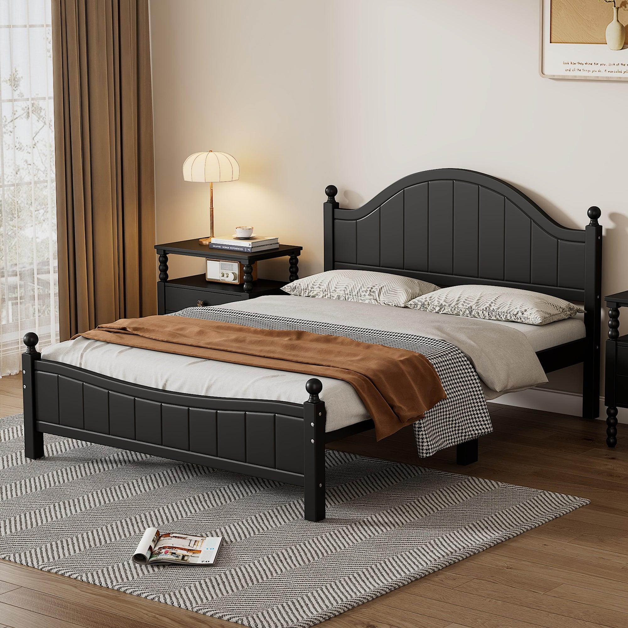🆓🚛 Traditional Concise Style Black Solid Wood Platform Bed, No Need Box Spring, Queen