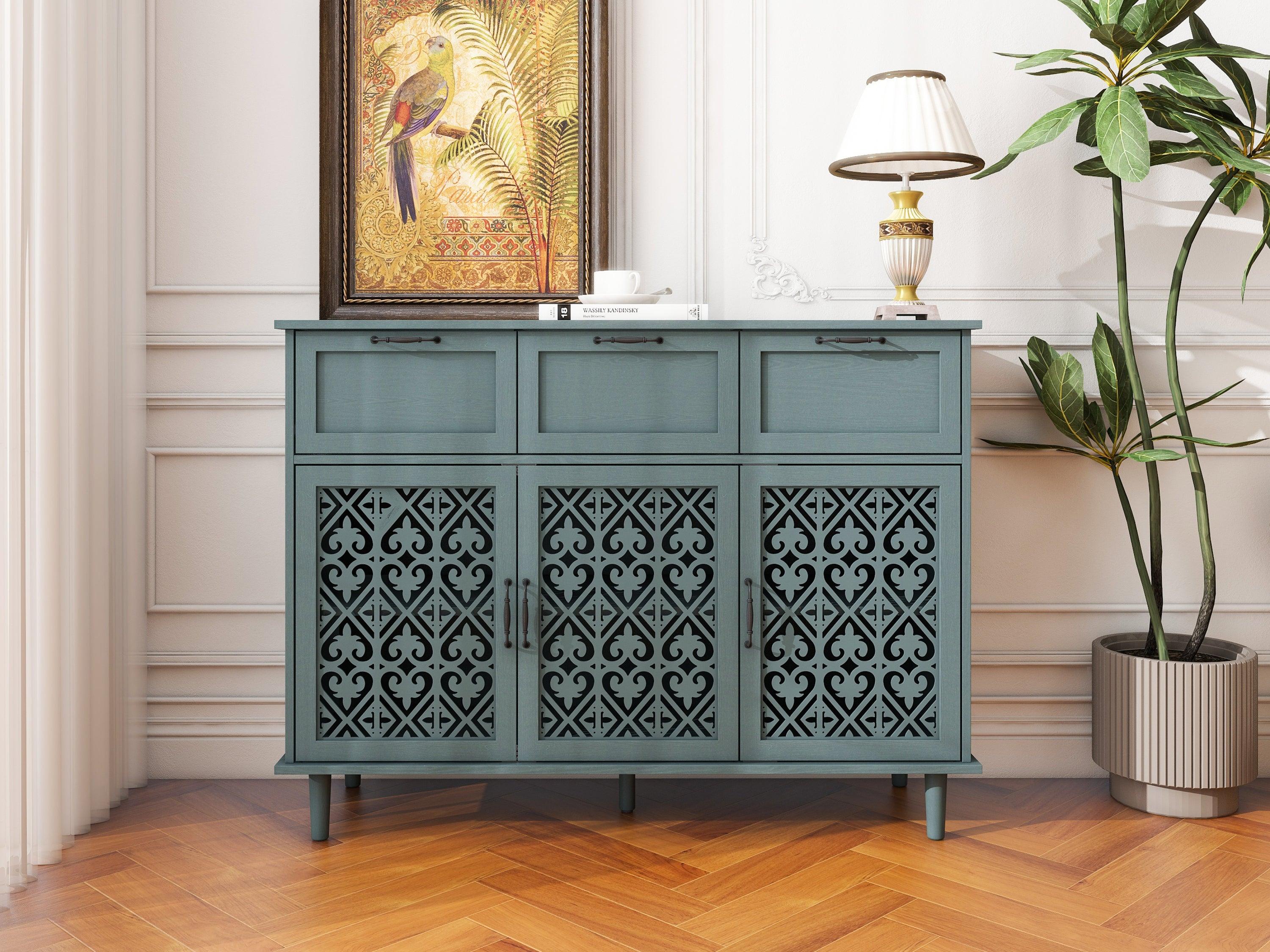 🆓🚛 3 Door 3 Drawer Cabinet, Suitable for Bedroom, Living Room & Study, Dark Green