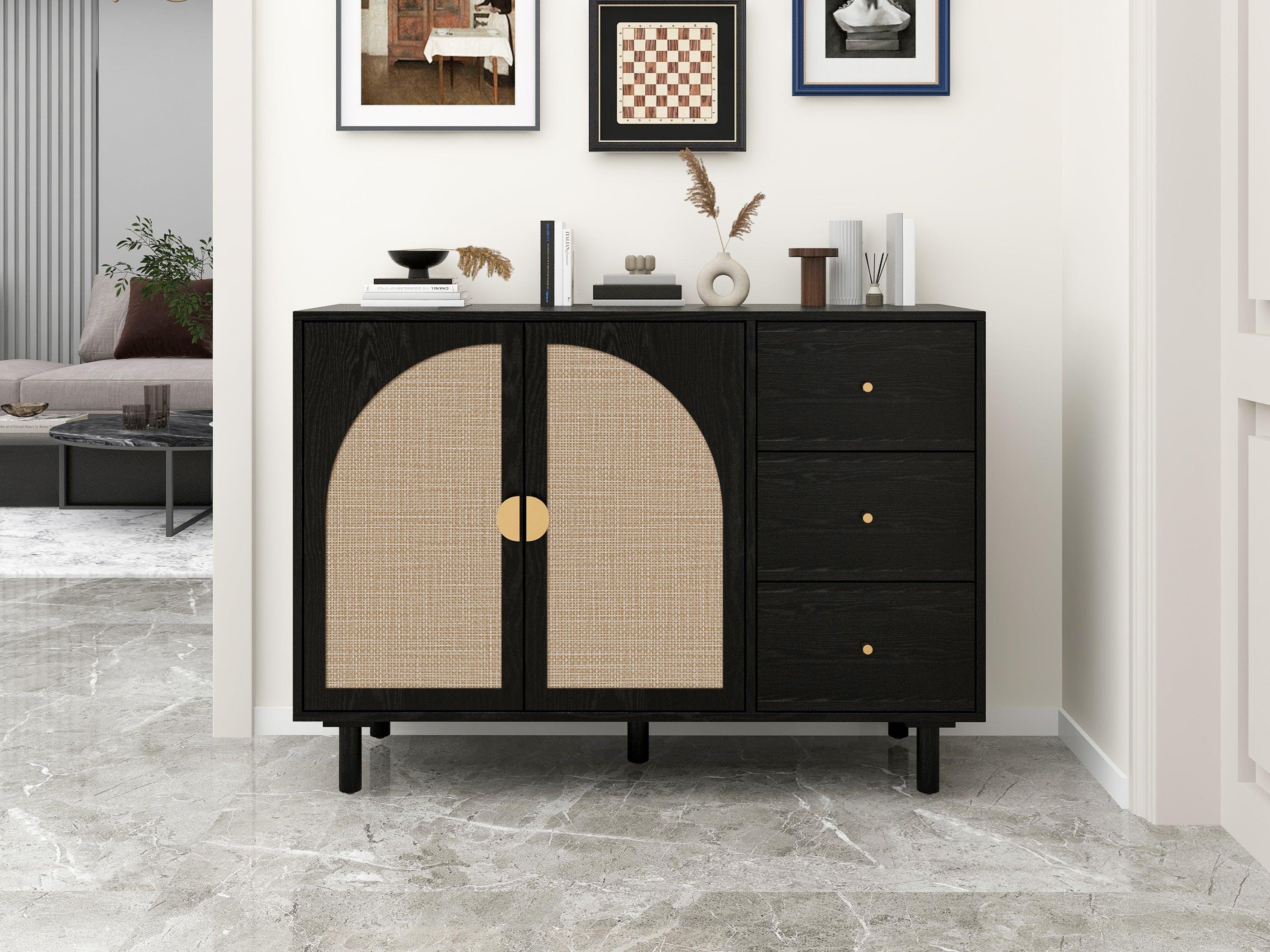 🆓🚛 2 Rattan Door 3 Drawer Sidboard Cabinet, Suitable for Bedroom, Living Room, Study, Black