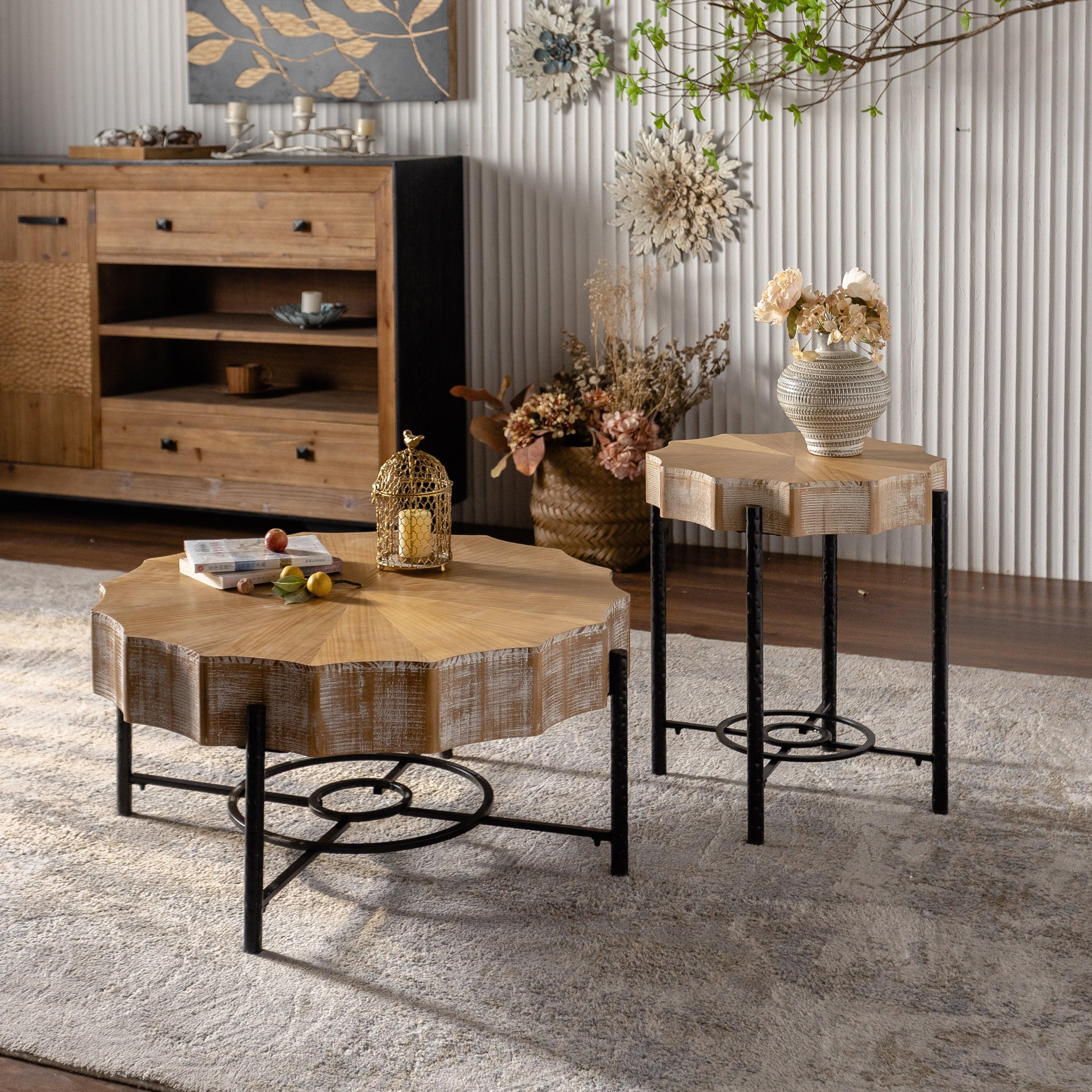🆓🚛 31.5 "Vintage Patchwork Lace Shape Coffee Table With Natural Pine Grain Table Top & Dimpled Metal Cross Legs, Set of 2