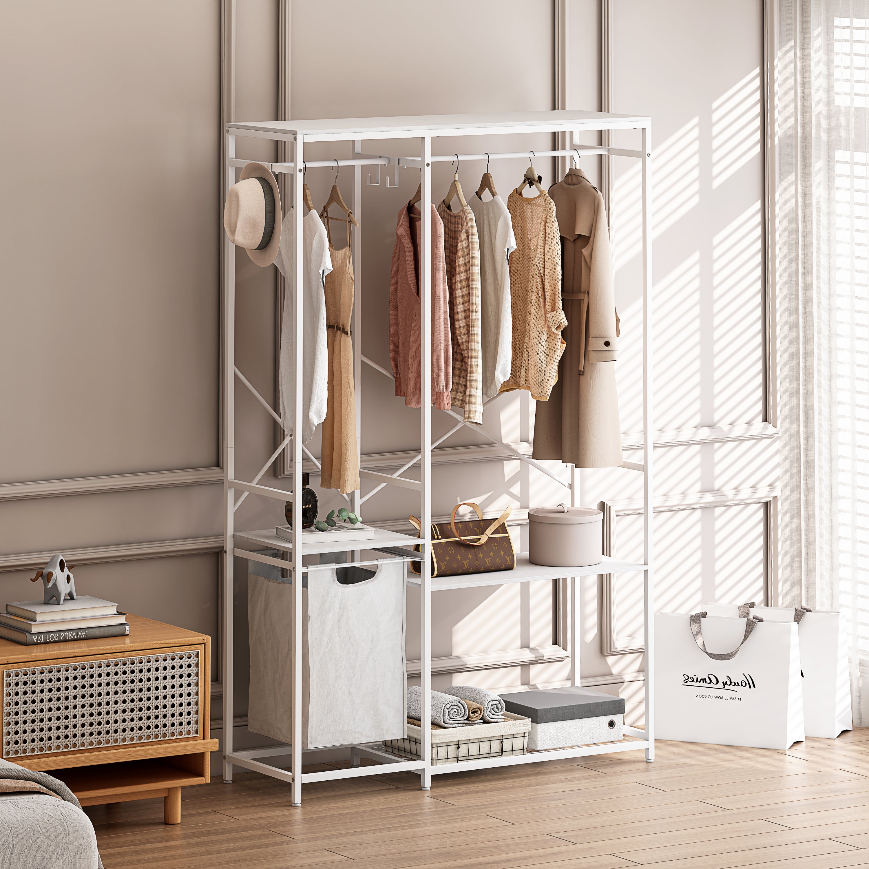 🆓🚛 Portable Wardrobe Clothes Rack, Freestanding Clothing Rack With Bottom Mesh Storage Rack, White