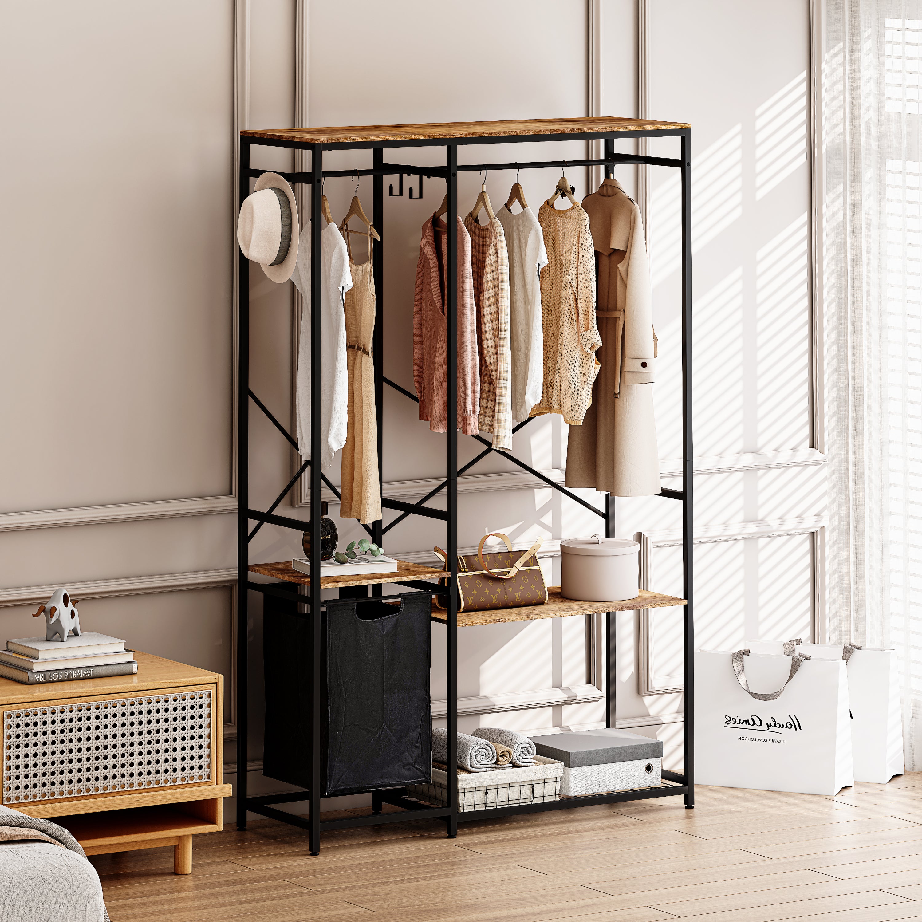 🆓🚛 Portable Wardrobe Clothes Rack, Freestanding Clothing Rack With Bottom Mesh Storage Rack, Black & Brown