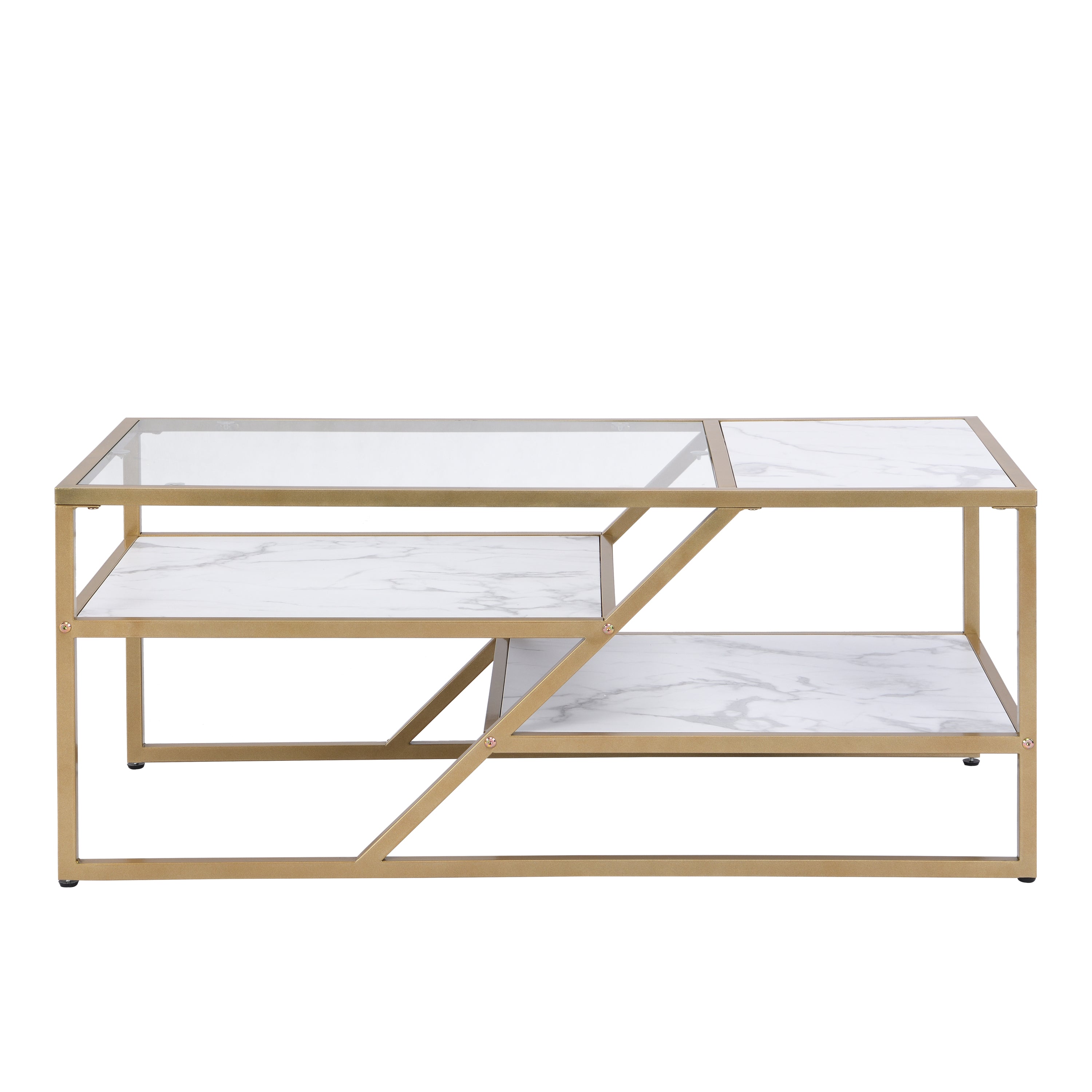 🆓🚛 Coffee Table With Storage Shelf, Tempered Glass Coffee Table With Metal Frame for Living Room & Bedroom, White & Golden