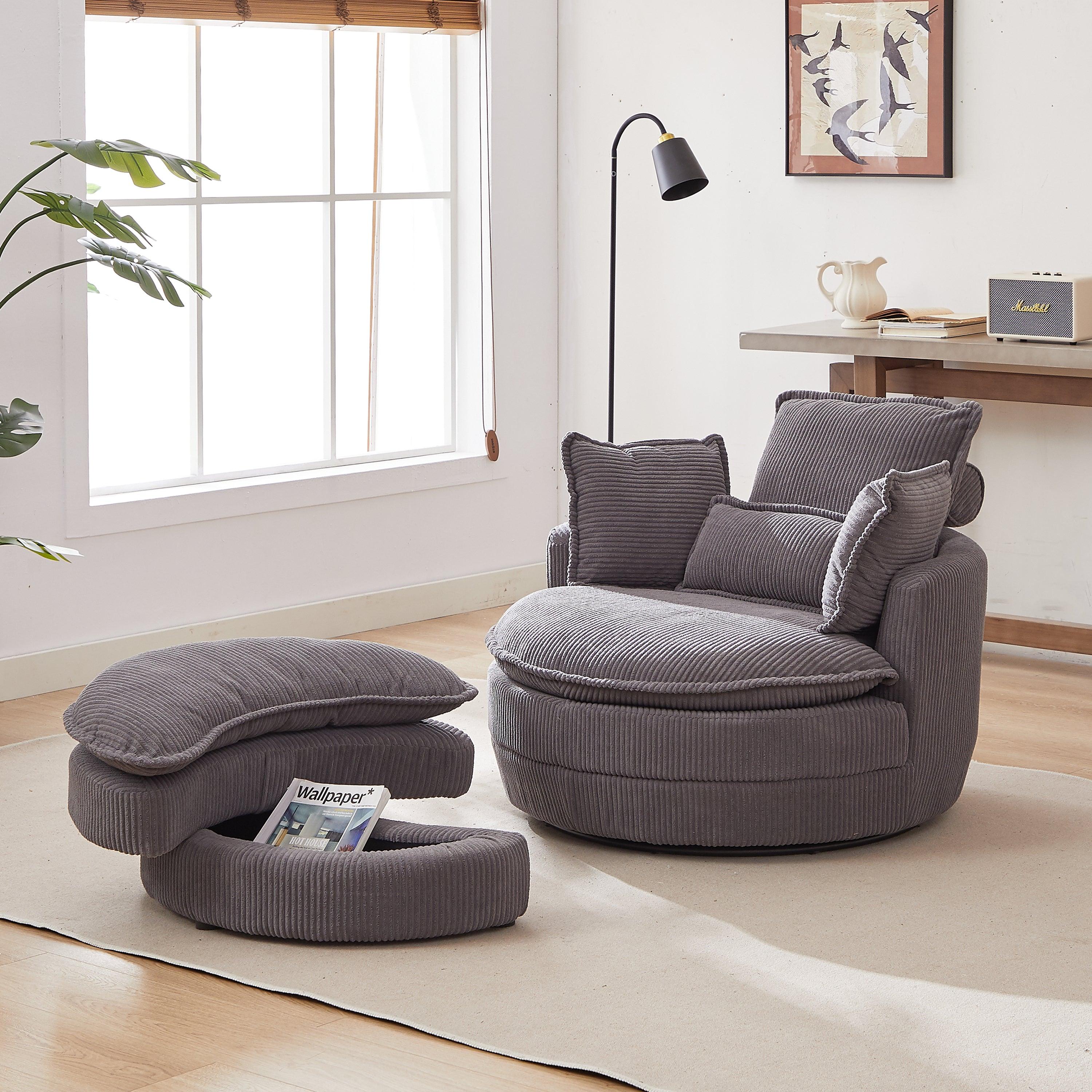 🆓🚛 38"W Oversized Corduroy Swivel Chair With Moon Storage Ottoman for Living Room, Gray