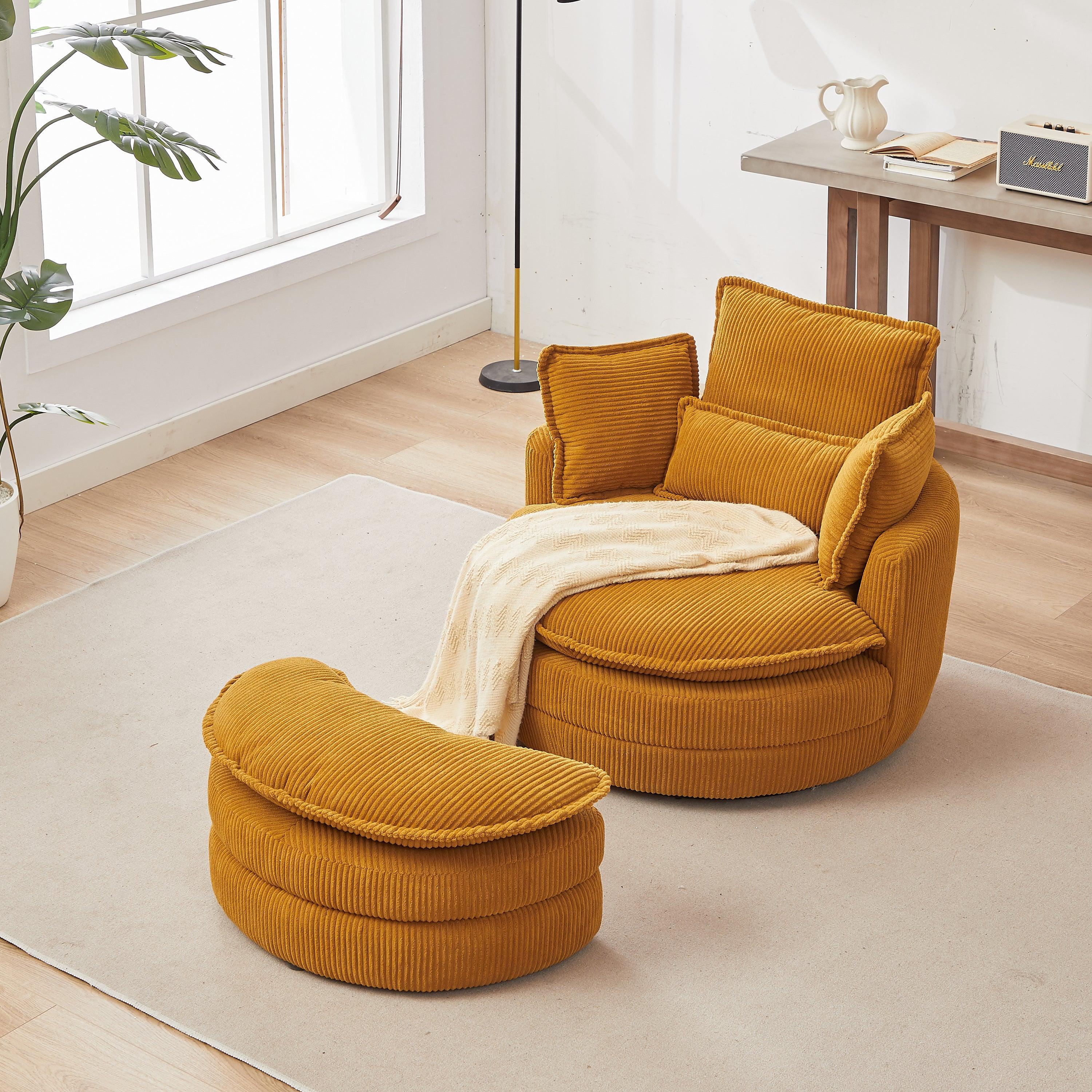 🆓🚛 38"W Oversized Corduroy Swivel Chair With Moon Storage Ottoman for Living Room, Yellow