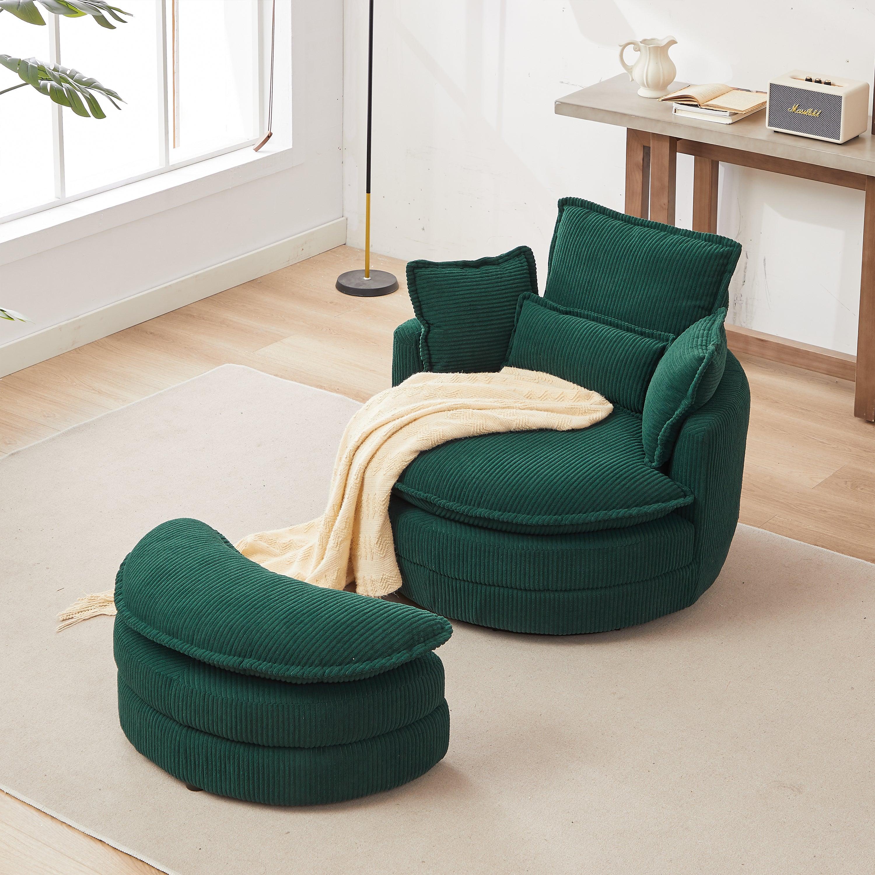 🆓🚛 38"W Oversized Corduroy Swivel Chair With Moon Storage Ottoman for Living Room, Green