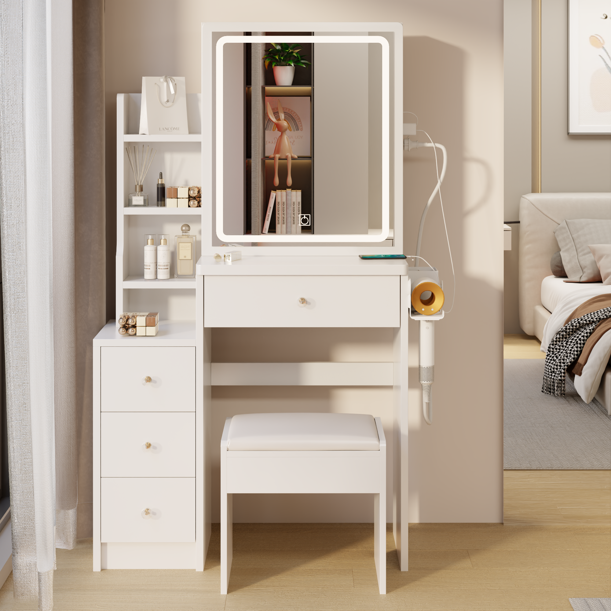 🆓🚛 Left Bedside Cabinet Vanity Table + Cushioned Stool, With 2 Ac + 2 Usb Socket, Extra Large Sliding Led Mirror, Touch Control, Tri-Color, Brightness Adjustable, Multi Layer, High Capacity Storage