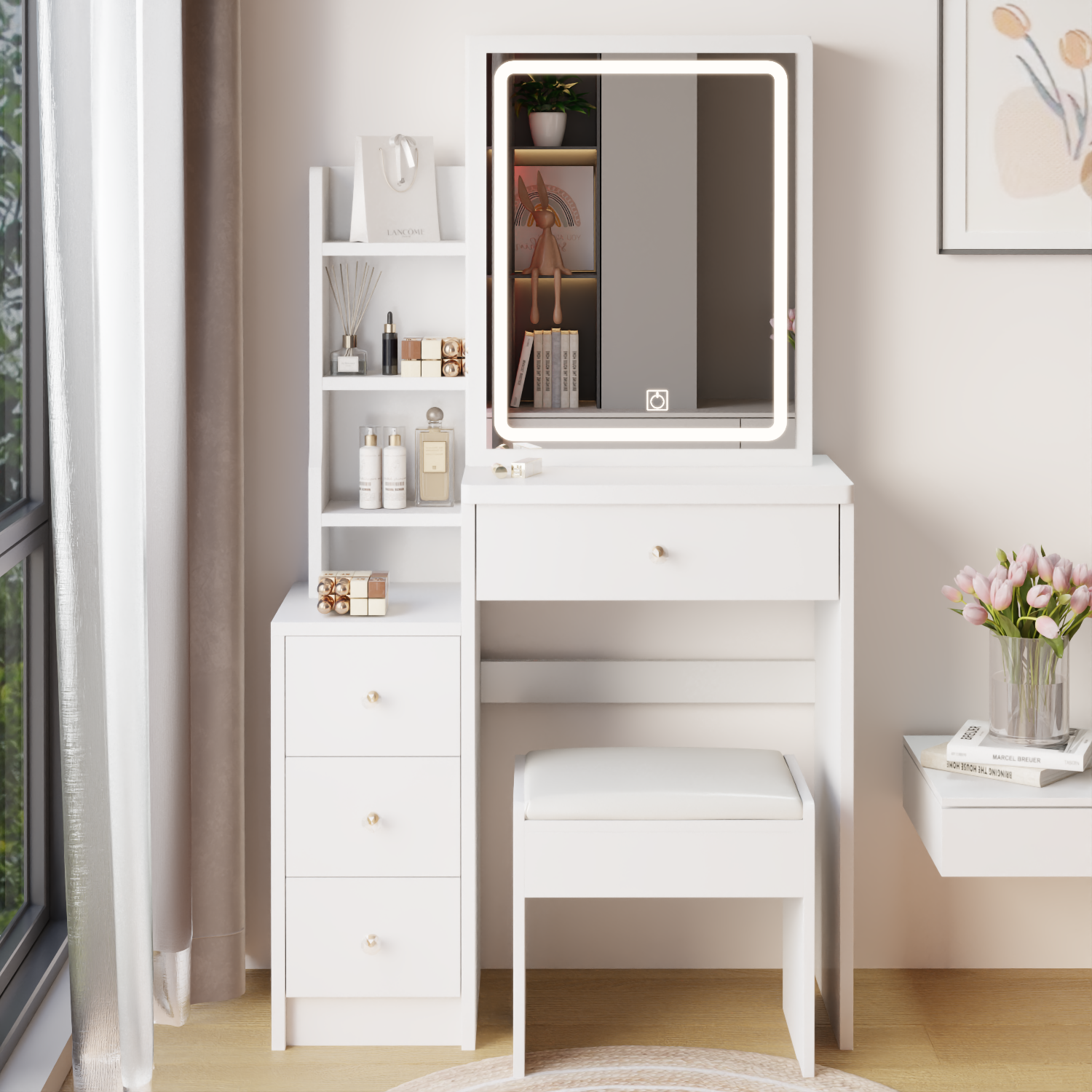 🆓🚛 Left Bedside Cabinet Vanity Table + Cushioned Stool, Extra Large Sliding Led Mirror, Touch Control, Tri-Color, Brightness Adjustable, Multi-Layer, High Capacity Storage, Practical Fashionable Dresser