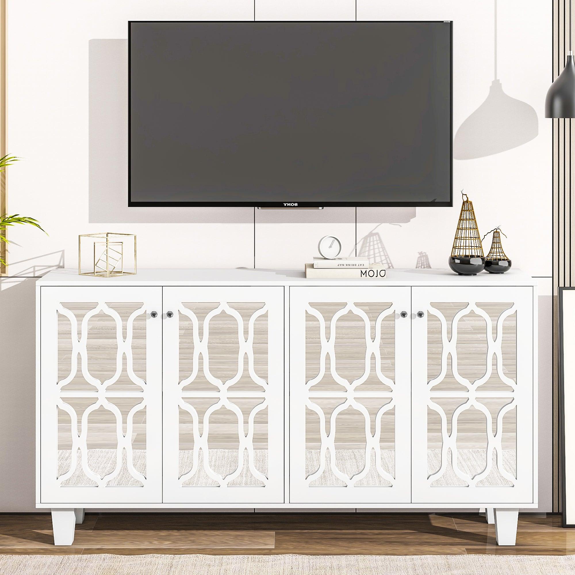 🆓🚛 Buffet Cabinet With Adjustable Shelves, 4-Door Mirror Hollow-Carved Tv Stand for Tvs Up To 65'', Multi-Functional Console Table With Storage Credenza Accent Cabinet for Living Room, White