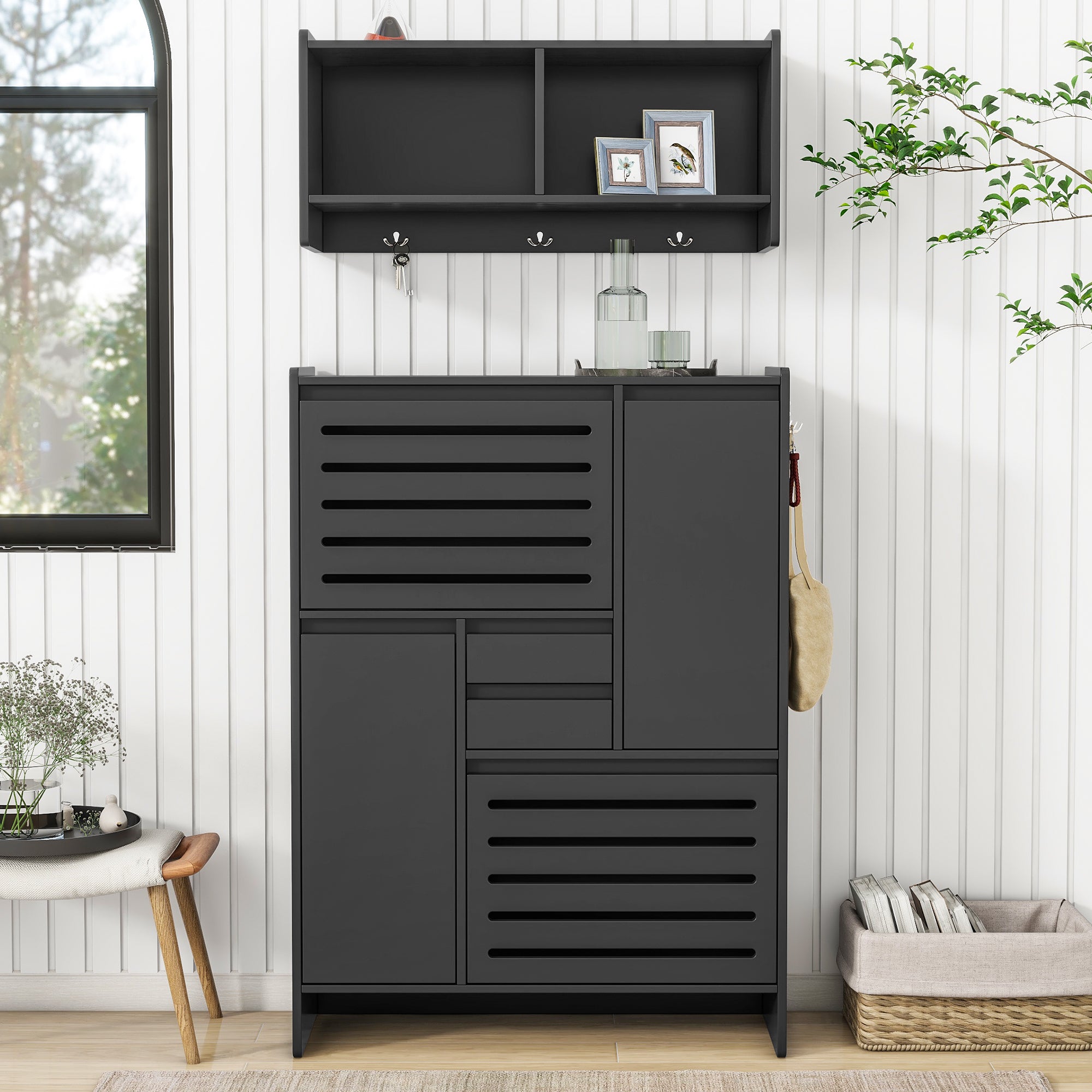 🆓🚛 Multi-Functional Shoe Cabinet With Wall Cabinet, Space-Saving Design Foyer Cabinet With 2 Flip Drawers, Versatile Side Cabinet for Hallway, Black