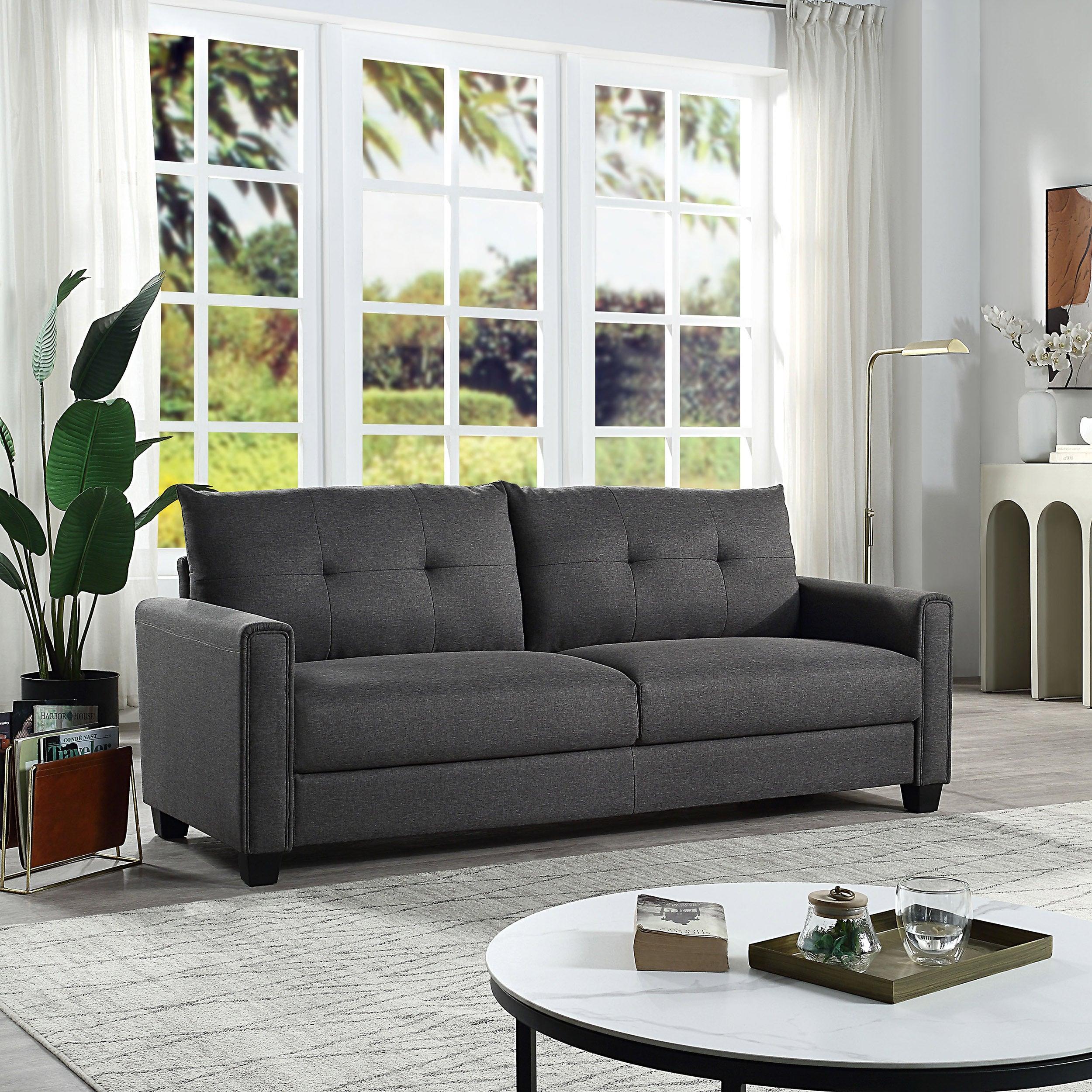 🆓🚛 81" Linen Fabric Upholstery Sofa Couch, Tufted Cushions, Easy Assembly, Dark Grey - LamCham