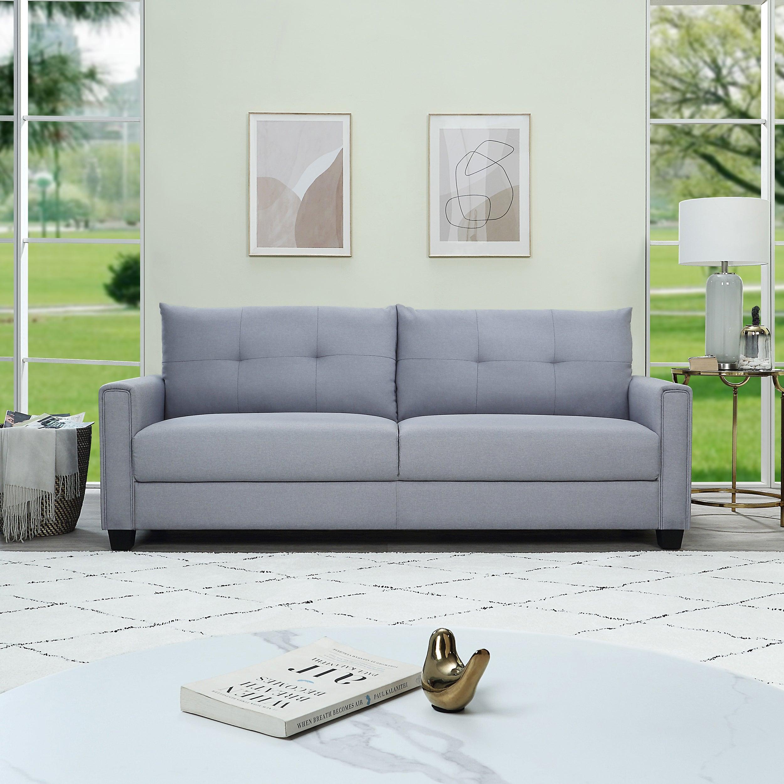 🆓🚛 81" Linen Fabric Upholstery Sofa Couch, Tufted Cushions, Easy Assembly, Light Grey - LamCham