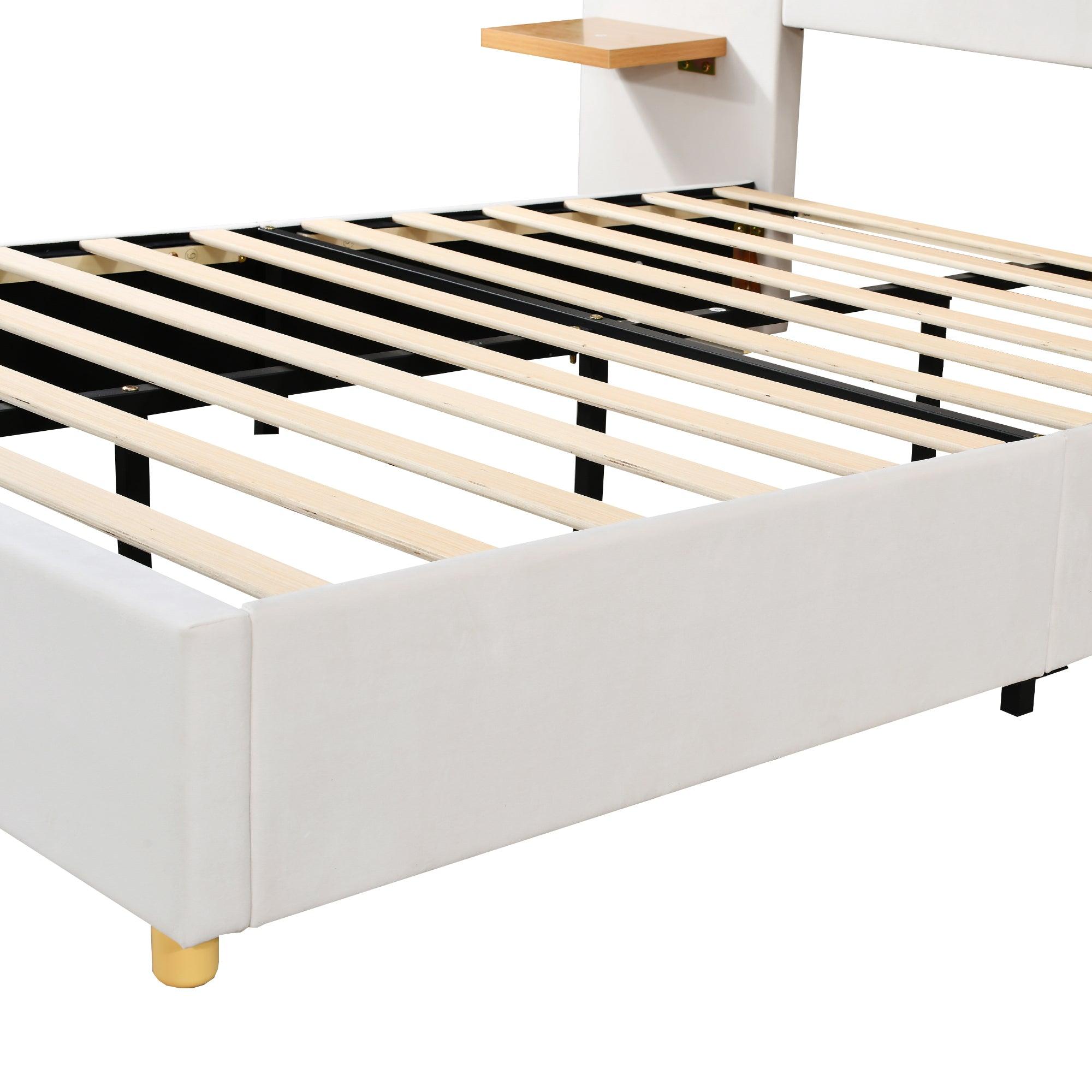 Full Size Upholstered Platform Bed, Two Outlets and USB Charging Ports on Both Sides, Two Bedside Pillows, Storage Shelves, Velvet, Beige - LamCham