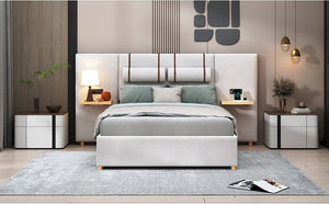 Full Size Upholstered Platform Bed, Two Outlets and USB Charging Ports on Both Sides, Two Bedside Pillows, Storage Shelves, Velvet, Beige - LamCham