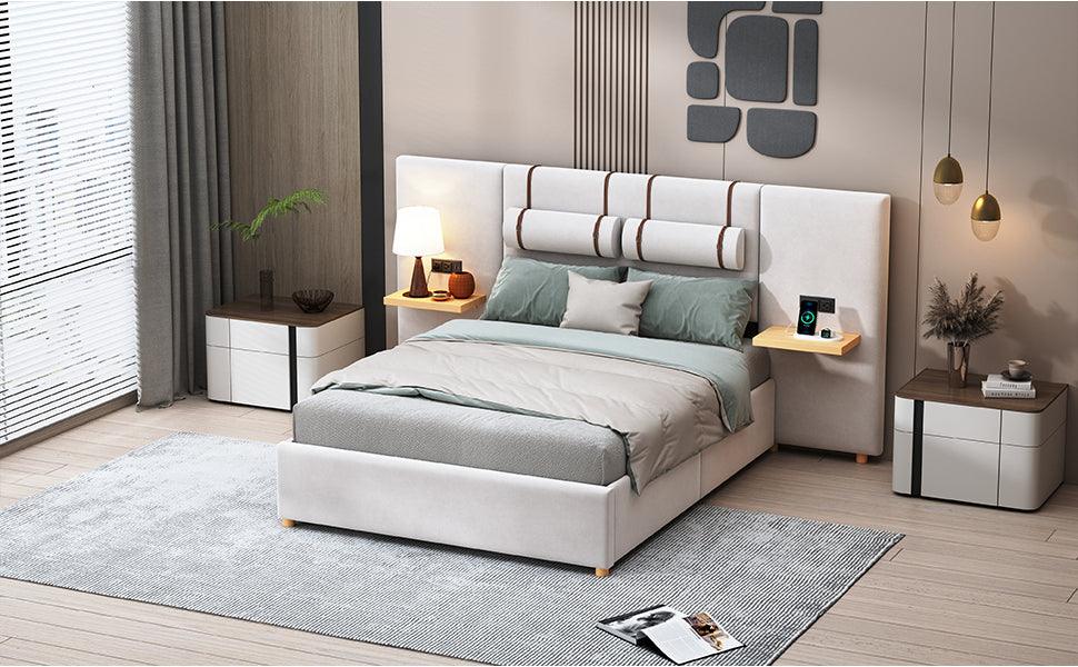 Full Size Upholstered Platform Bed, Two Outlets and USB Charging Ports on Both Sides, Two Bedside Pillows, Storage Shelves, Velvet, Beige - LamCham