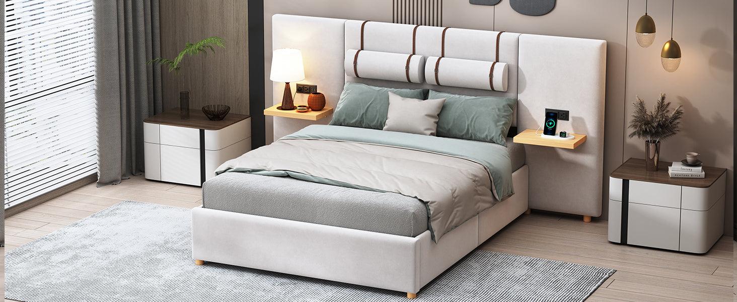 Full Size Upholstered Platform Bed, Two Outlets and USB Charging Ports on Both Sides, Two Bedside Pillows, Storage Shelves, Velvet, Beige - LamCham