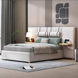 Full Size Upholstered Platform Bed, Two Outlets and USB Charging Ports on Both Sides, Two Bedside Pillows, Storage Shelves, Velvet, Beige - LamCham