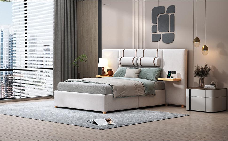 Full Size Upholstered Platform Bed, Two Outlets and USB Charging Ports on Both Sides, Two Bedside Pillows, Storage Shelves, Velvet, Beige - LamCham