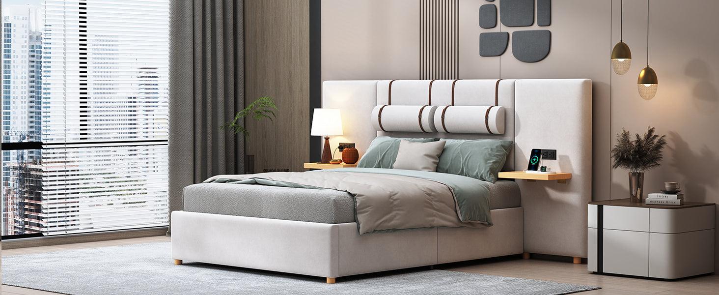 Full Size Upholstered Platform Bed, Two Outlets and USB Charging Ports on Both Sides, Two Bedside Pillows, Storage Shelves, Velvet, Beige - LamCham