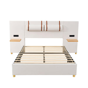 Full Size Upholstered Platform Bed, Two Outlets and USB Charging Ports on Both Sides, Two Bedside Pillows, Storage Shelves, Velvet, Beige - LamCham