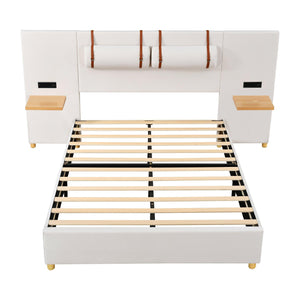 Full Size Upholstered Platform Bed, Two Outlets and USB Charging Ports on Both Sides, Two Bedside Pillows, Storage Shelves, Velvet, Beige - LamCham