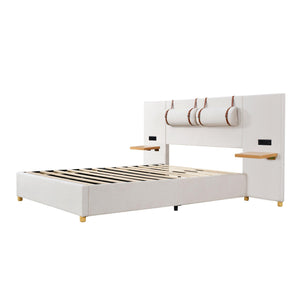 Full Size Upholstered Platform Bed, Two Outlets and USB Charging Ports on Both Sides, Two Bedside Pillows, Storage Shelves, Velvet, Beige - LamCham