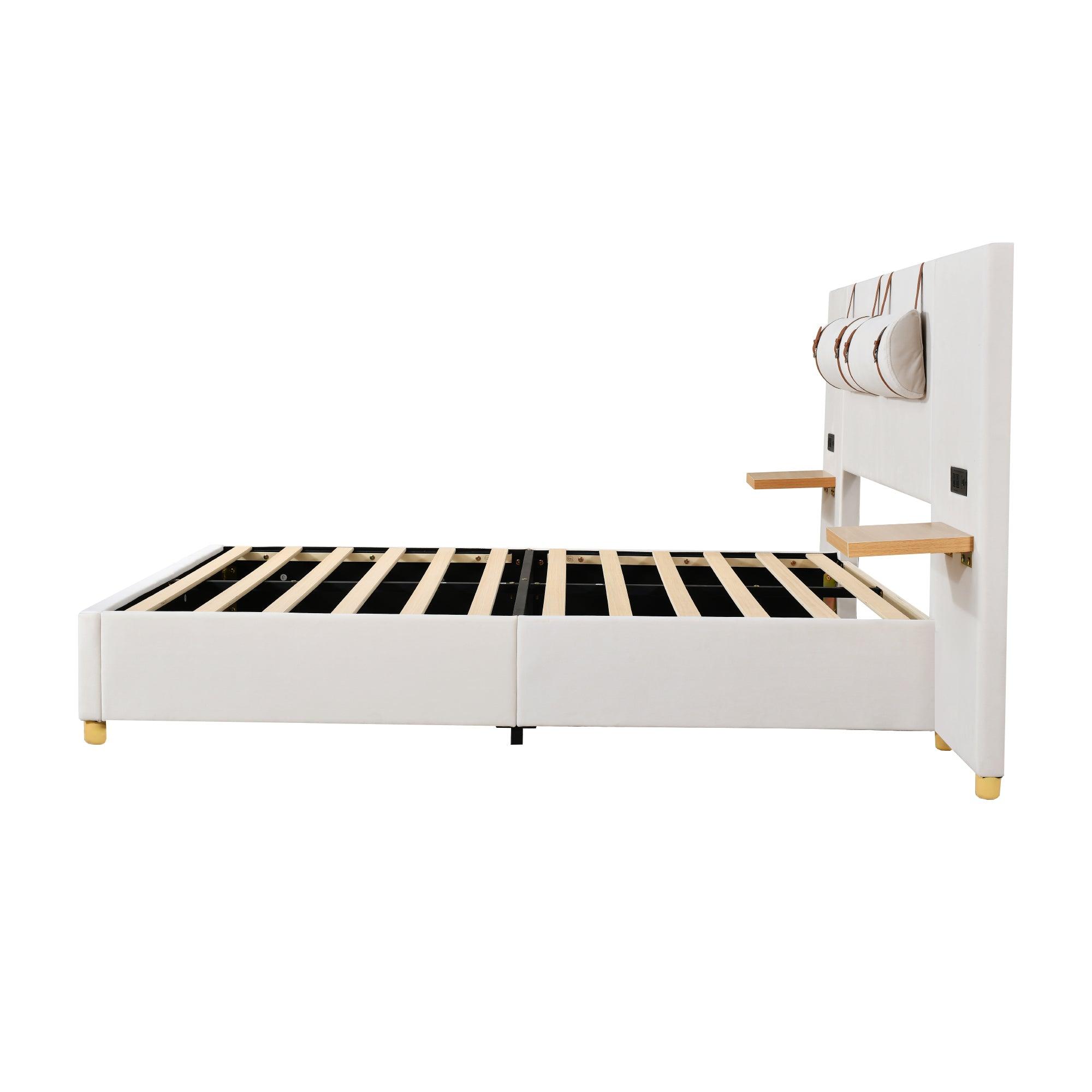 Full Size Upholstered Platform Bed, Two Outlets and USB Charging Ports on Both Sides, Two Bedside Pillows, Storage Shelves, Velvet, Beige - LamCham