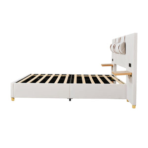 Full Size Upholstered Platform Bed, Two Outlets and USB Charging Ports on Both Sides, Two Bedside Pillows, Storage Shelves, Velvet, Beige - LamCham