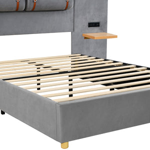 Full Size Upholstered Platform Bed With Two Outlets and USB Charging Ports on Both Sides, Two Bedside Pillows, Storage Shelf, Velvet, Gray - LamCham