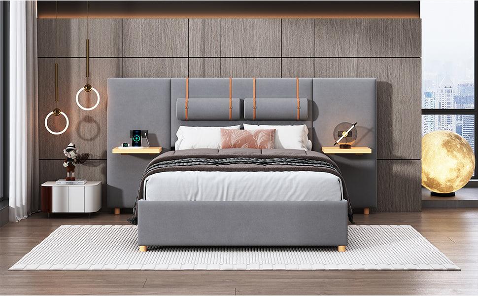 Full Size Upholstered Platform Bed With Two Outlets and USB Charging Ports on Both Sides, Two Bedside Pillows, Storage Shelf, Velvet, Gray - LamCham