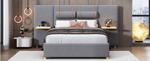 Full Size Upholstered Platform Bed With Two Outlets and USB Charging Ports on Both Sides, Two Bedside Pillows, Storage Shelf, Velvet, Gray - LamCham