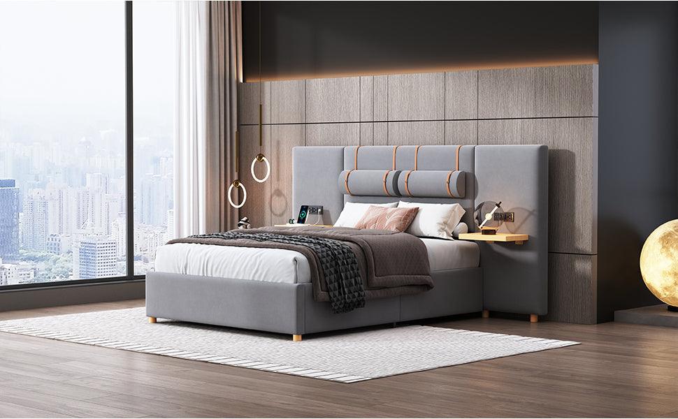 Full Size Upholstered Platform Bed With Two Outlets and USB Charging Ports on Both Sides, Two Bedside Pillows, Storage Shelf, Velvet, Gray - LamCham