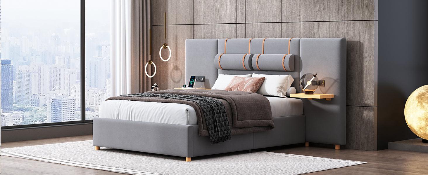 Full Size Upholstered Platform Bed With Two Outlets and USB Charging Ports on Both Sides, Two Bedside Pillows, Storage Shelf, Velvet, Gray - LamCham