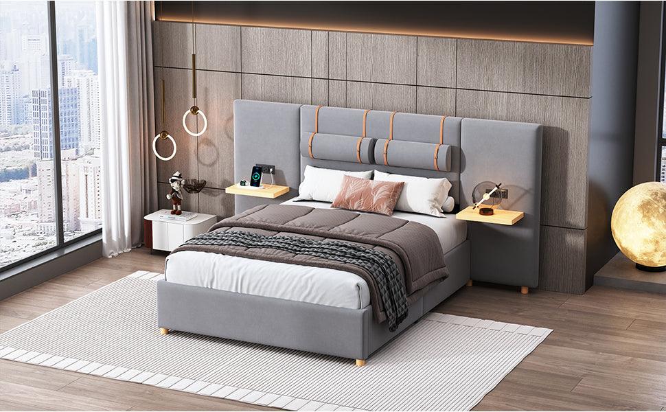 Full Size Upholstered Platform Bed With Two Outlets and USB Charging Ports on Both Sides, Two Bedside Pillows, Storage Shelf, Velvet, Gray - LamCham