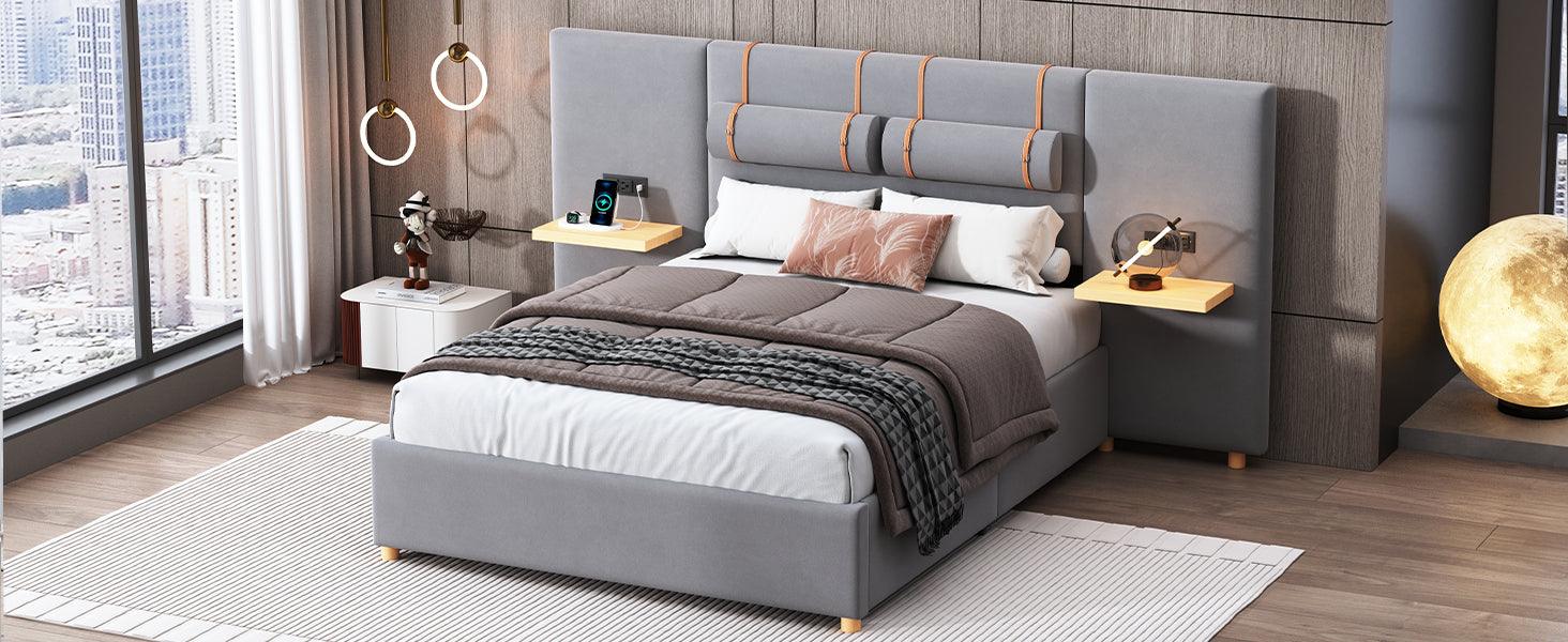 Full Size Upholstered Platform Bed With Two Outlets and USB Charging Ports on Both Sides, Two Bedside Pillows, Storage Shelf, Velvet, Gray - LamCham