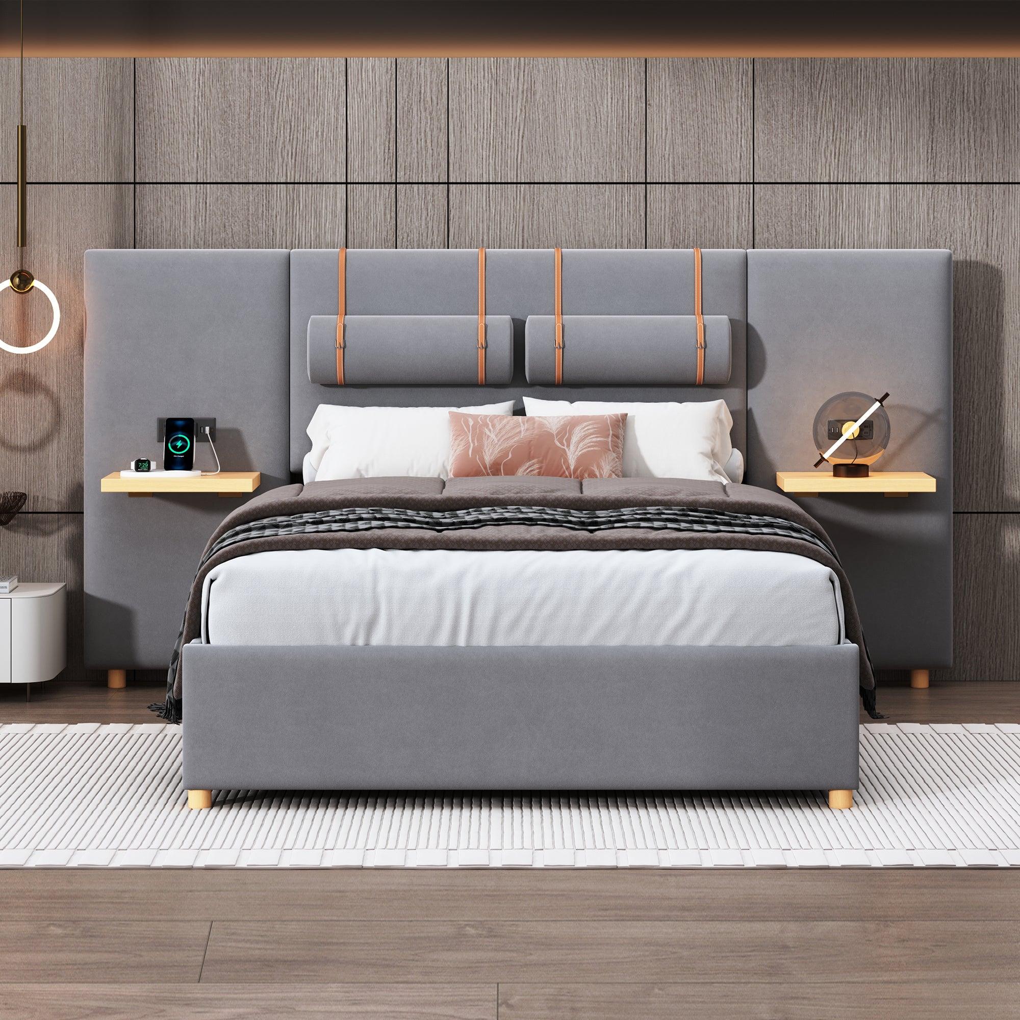 Full Size Upholstered Platform Bed With Two Outlets and USB Charging Ports on Both Sides, Two Bedside Pillows, Storage Shelf, Velvet, Gray - LamCham