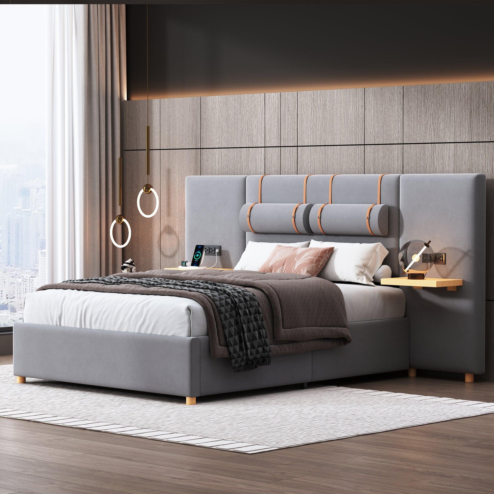 Full Size Upholstered Platform Bed With Two Outlets and USB Charging Ports on Both Sides, Two Bedside Pillows, Storage Shelf, Velvet, Gray - LamCham