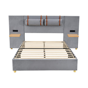 Full Size Upholstered Platform Bed With Two Outlets and USB Charging Ports on Both Sides, Two Bedside Pillows, Storage Shelf, Velvet, Gray - LamCham