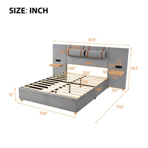 Full Size Upholstered Platform Bed With Two Outlets and USB Charging Ports on Both Sides, Two Bedside Pillows, Storage Shelf, Velvet, Gray - LamCham