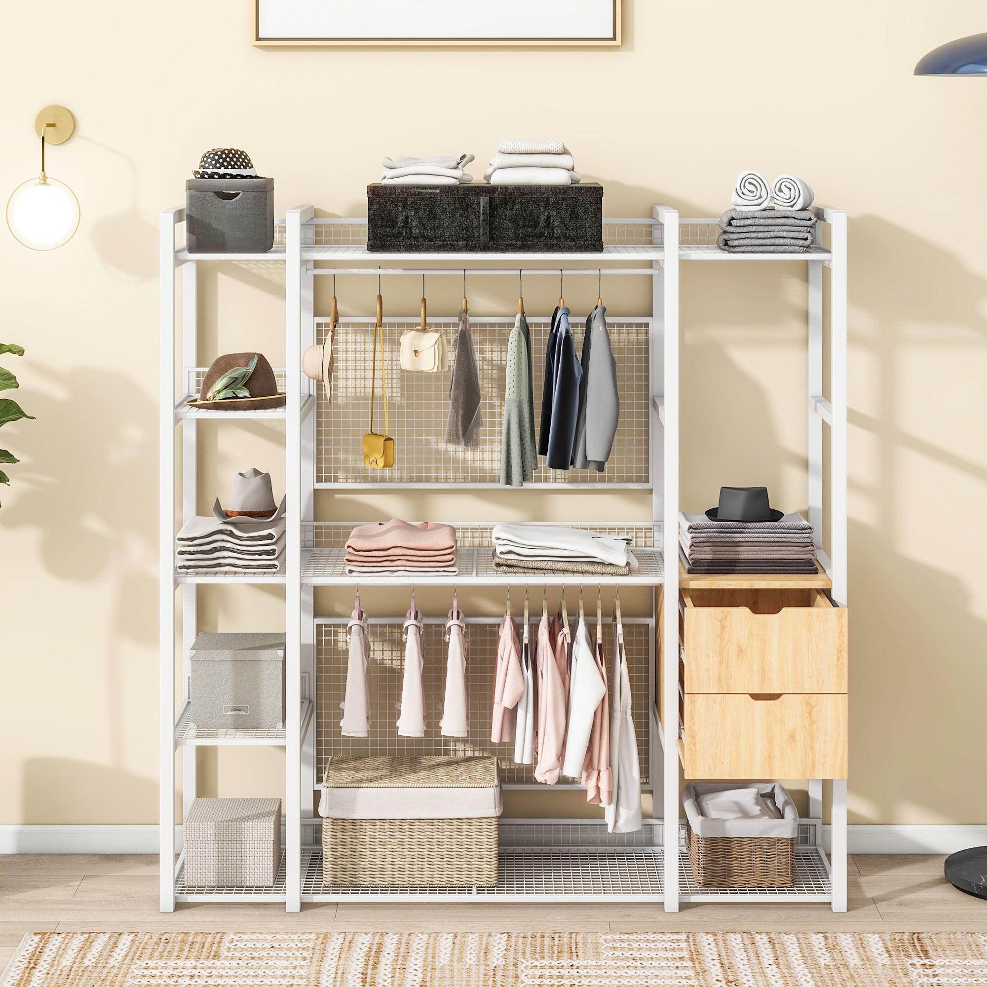 Open-Style Wardrobe with Hanging Rails, Shelves and Drawers, White - LamCham