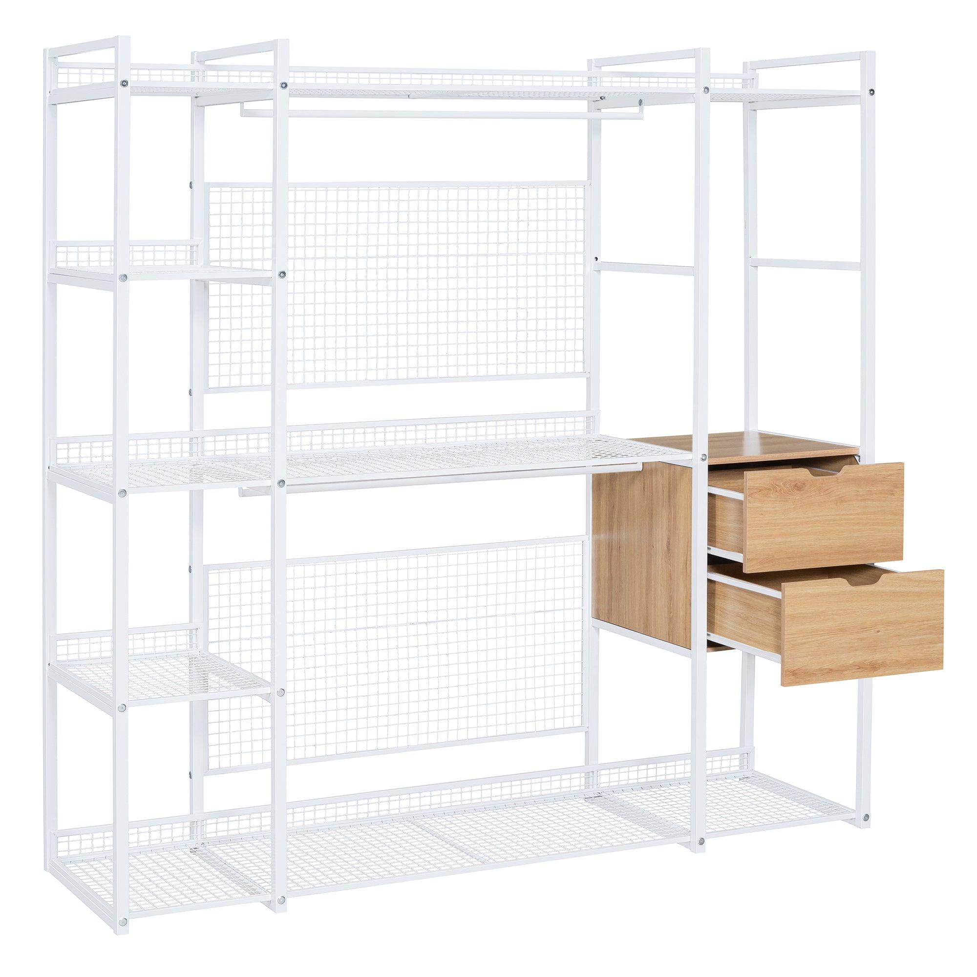 Open-Style Wardrobe with Hanging Rails, Shelves and Drawers, White - LamCham