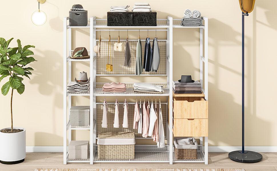 Open-Style Wardrobe with Hanging Rails, Shelves and Drawers, White - LamCham